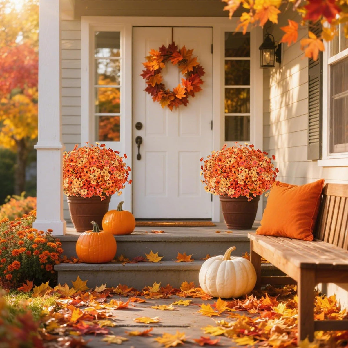 AmyHomie 16 Bundles Fall Orange Yellow Artificial Flowers for Outdoor Fall Decor UV Resistant Faux