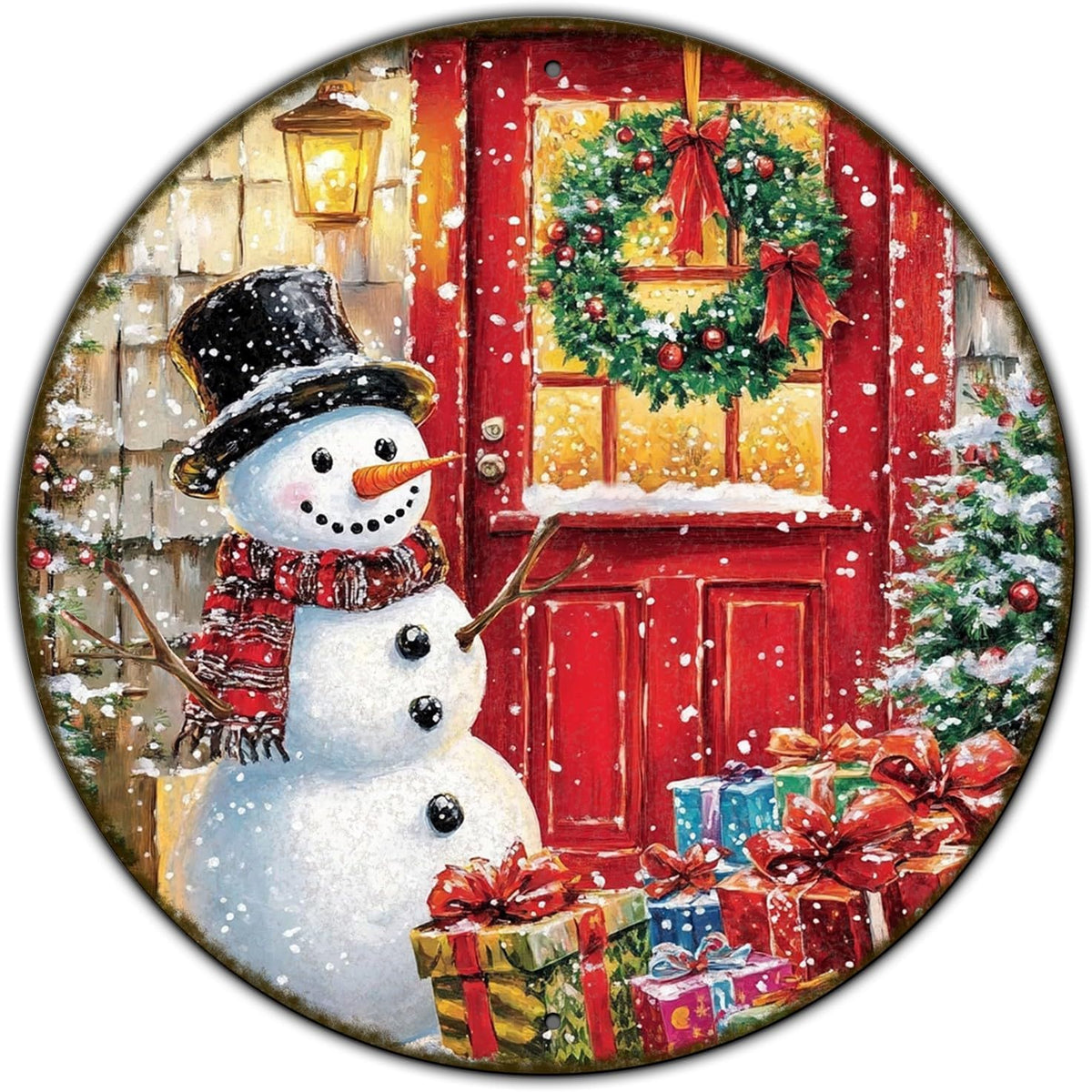 Round Wall Decor Christmas Metal Tin Sign Snowman Sign Rustic Wall Decor Wall Plaque Snowman Wreath