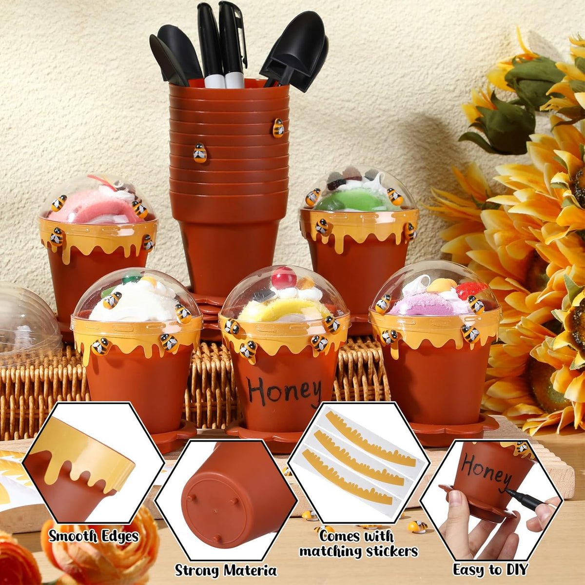 60 Sets Mini Honey Bee Pots with Lids, Spoon, Saucers and Bee Charms, 6.76 OZ Plastic Honey Jars