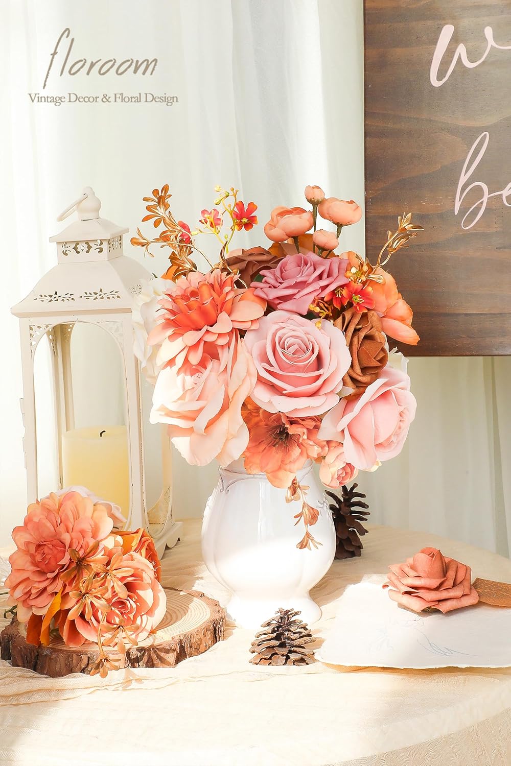 Floroom Terracotta Artificial Flowers Burnt Orange Fake Roses Dahlias and Greenery Combo Box Set