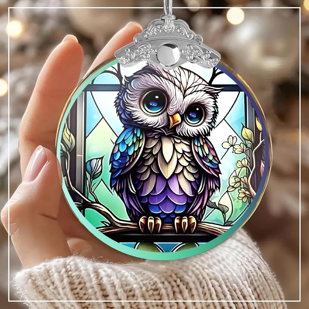 Stained Glass Effections, Christmas Tree 4 Inch Acrylic Ornament Art, White Elephant Gifts Car