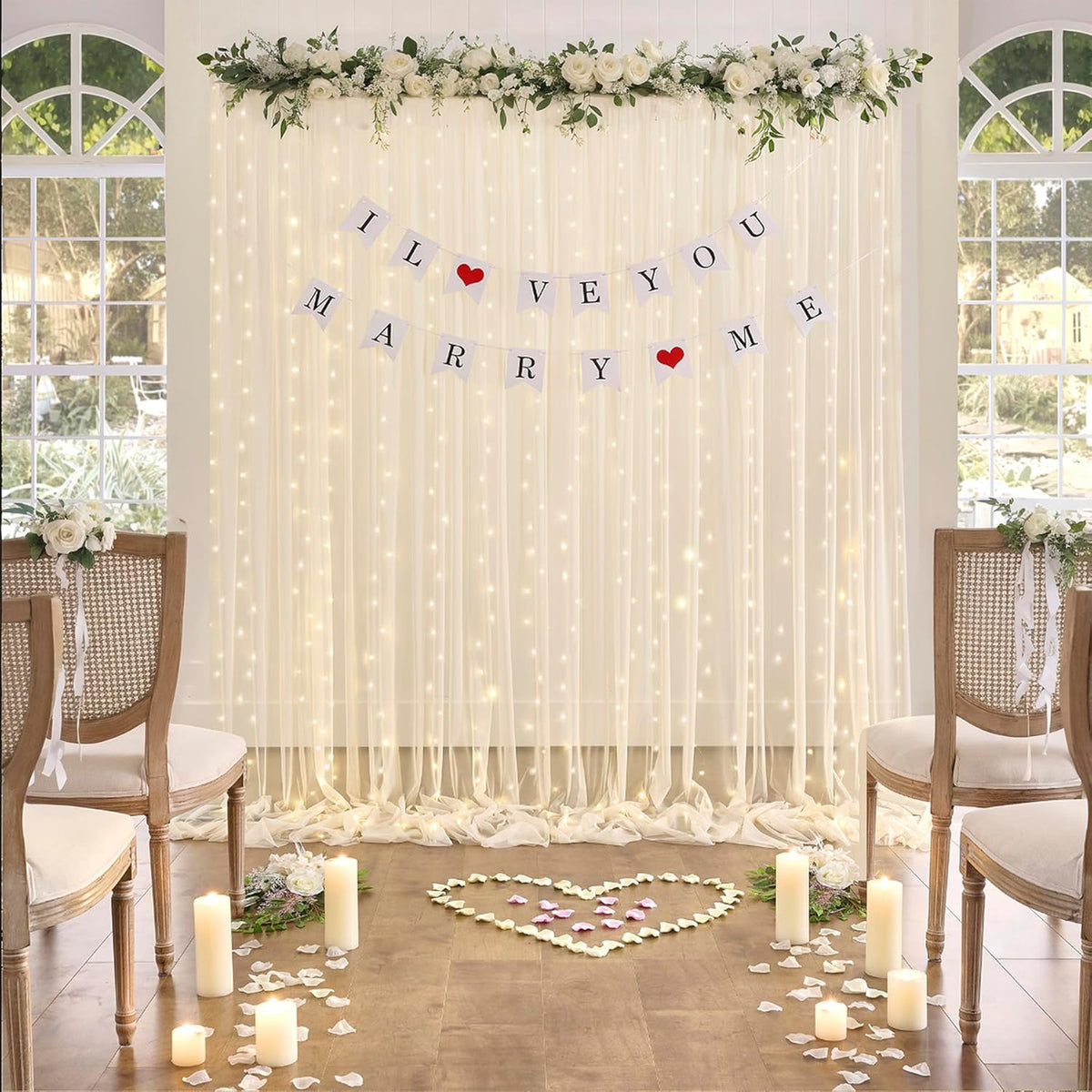 Champagne Sheer Backdrop Curtain with Lights String for Parites Wedding 20×10ft Tulle Backdrop