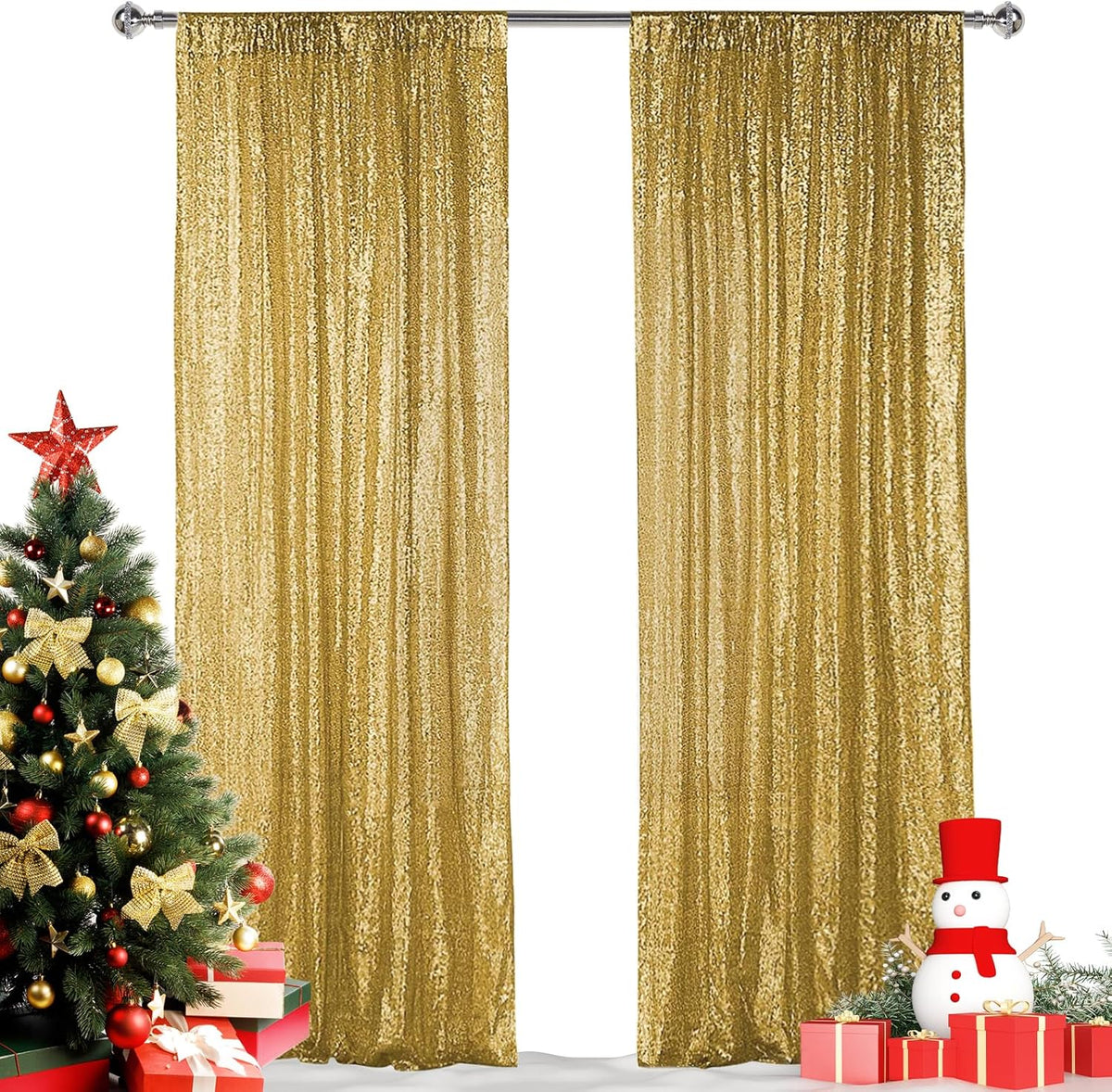 Hahuho Gold Sequin Backdrop Curtain, 2PCS 2FTx8FT Glitter Backdrop Curtain for Parties, Christmas