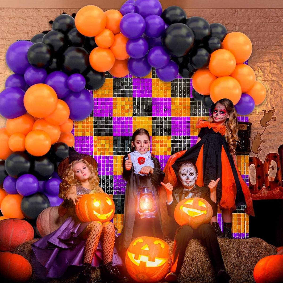 24PCS Black Orange Purple Shimmer Wall Backdrop, Halloween Square Sequin Photo Backdrops Panel