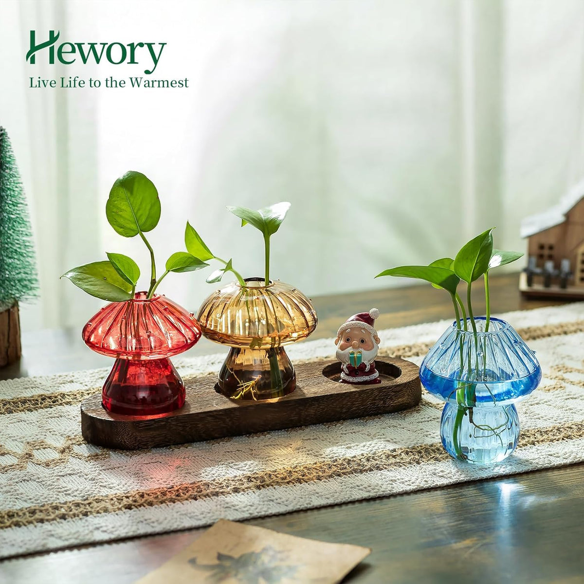 Glass Propagation Station for Plant: Mushroom Planter with Wooden Stand for Home Office Decor