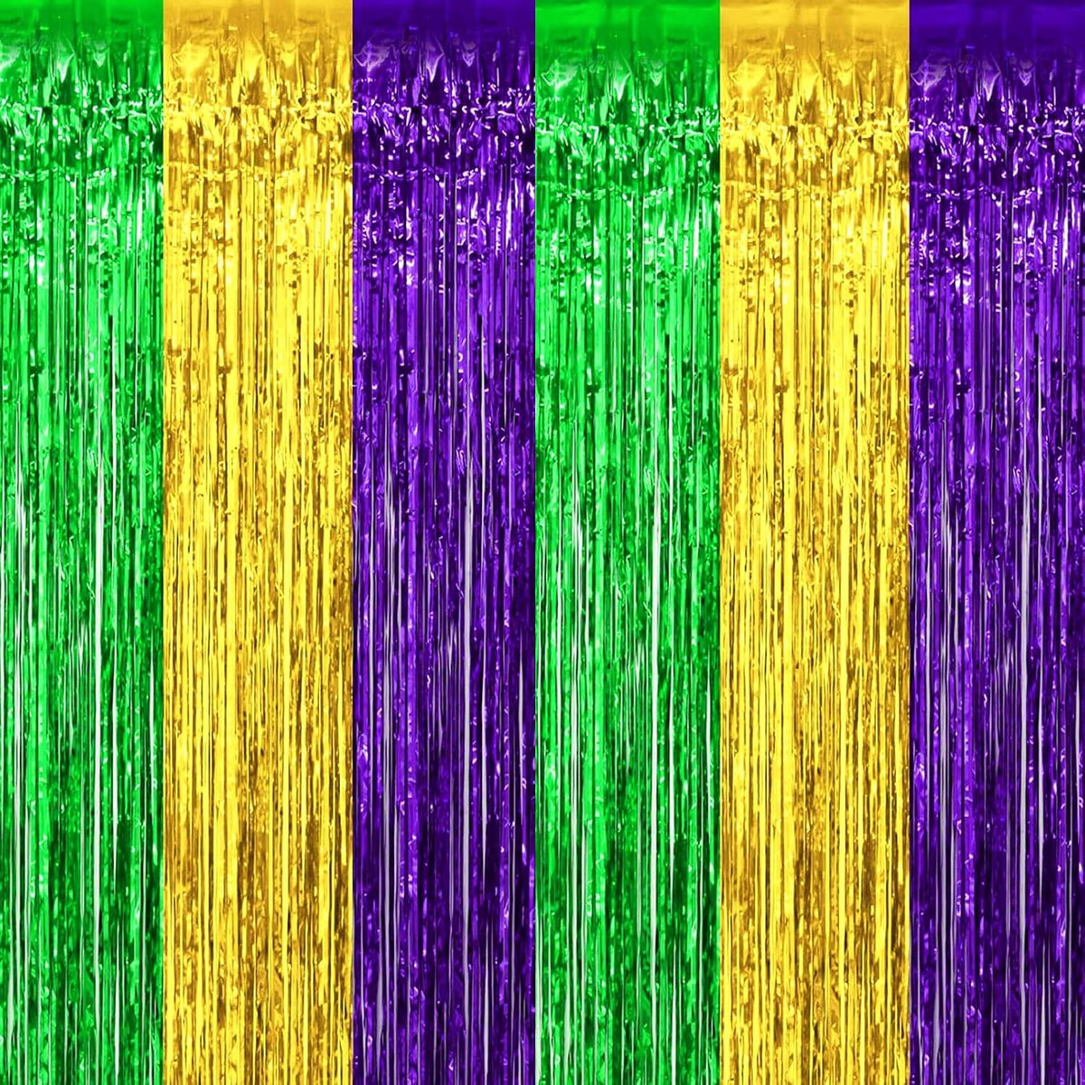4 Pack Mardi Gras Foil Fringe Curtain Backdrop, 3.28Ft x 9.8Ft Gold Green Purple Metallic Tinsel