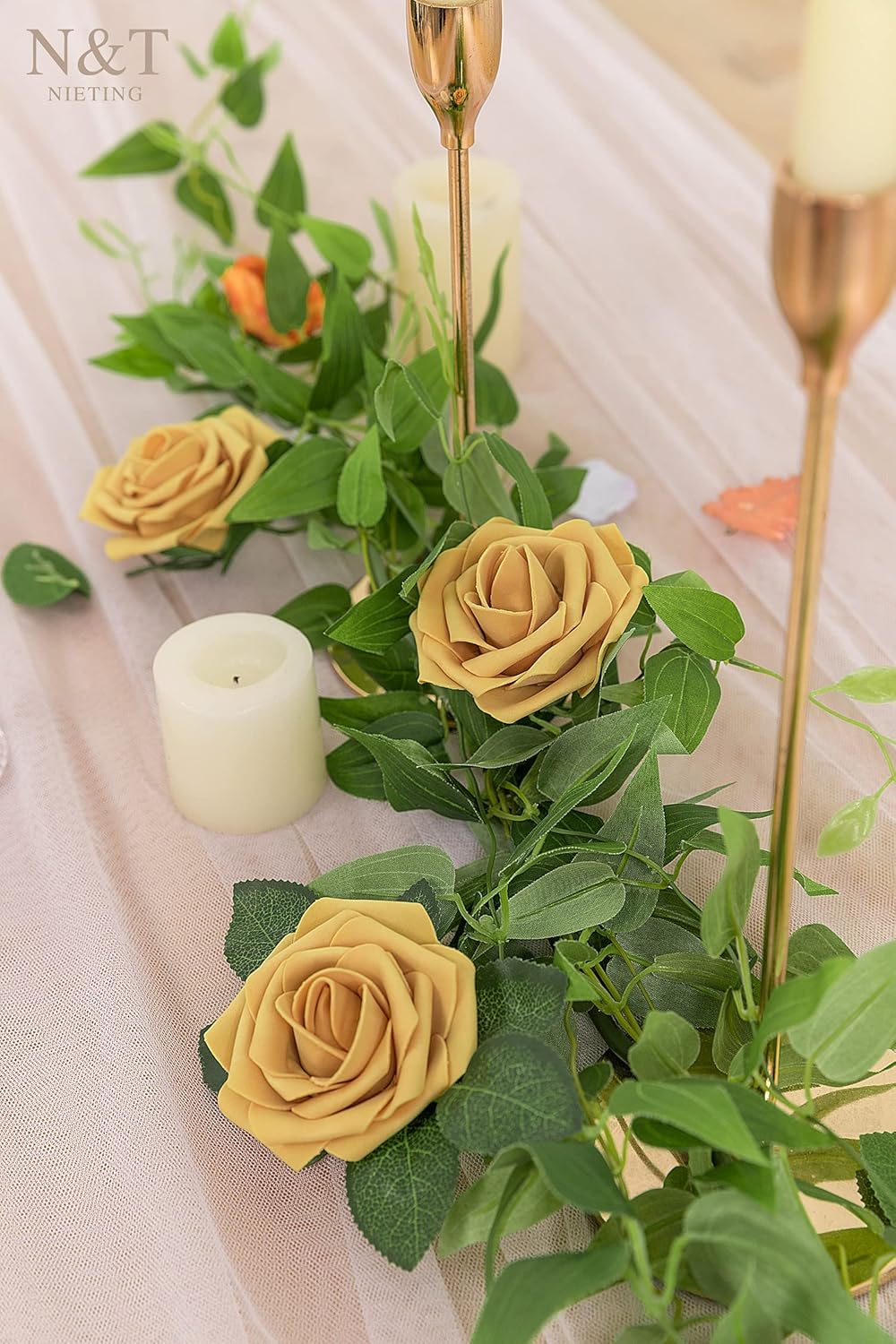 N&T NIETING Artificial Rose Flowers, 25pcs Fake Flowers Fall Yellow Rose DIY for Wedding Bridesmaid