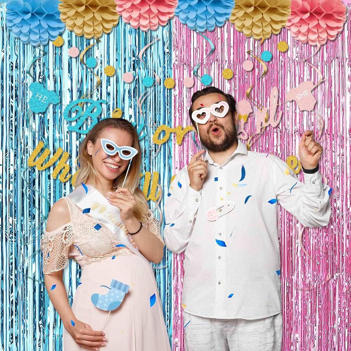 6 Pack Pink Blue Foil Fringe Curtains Backdrop, 3.28 x 8.2 Ft Metallic Streamers Tinsel Curtains
