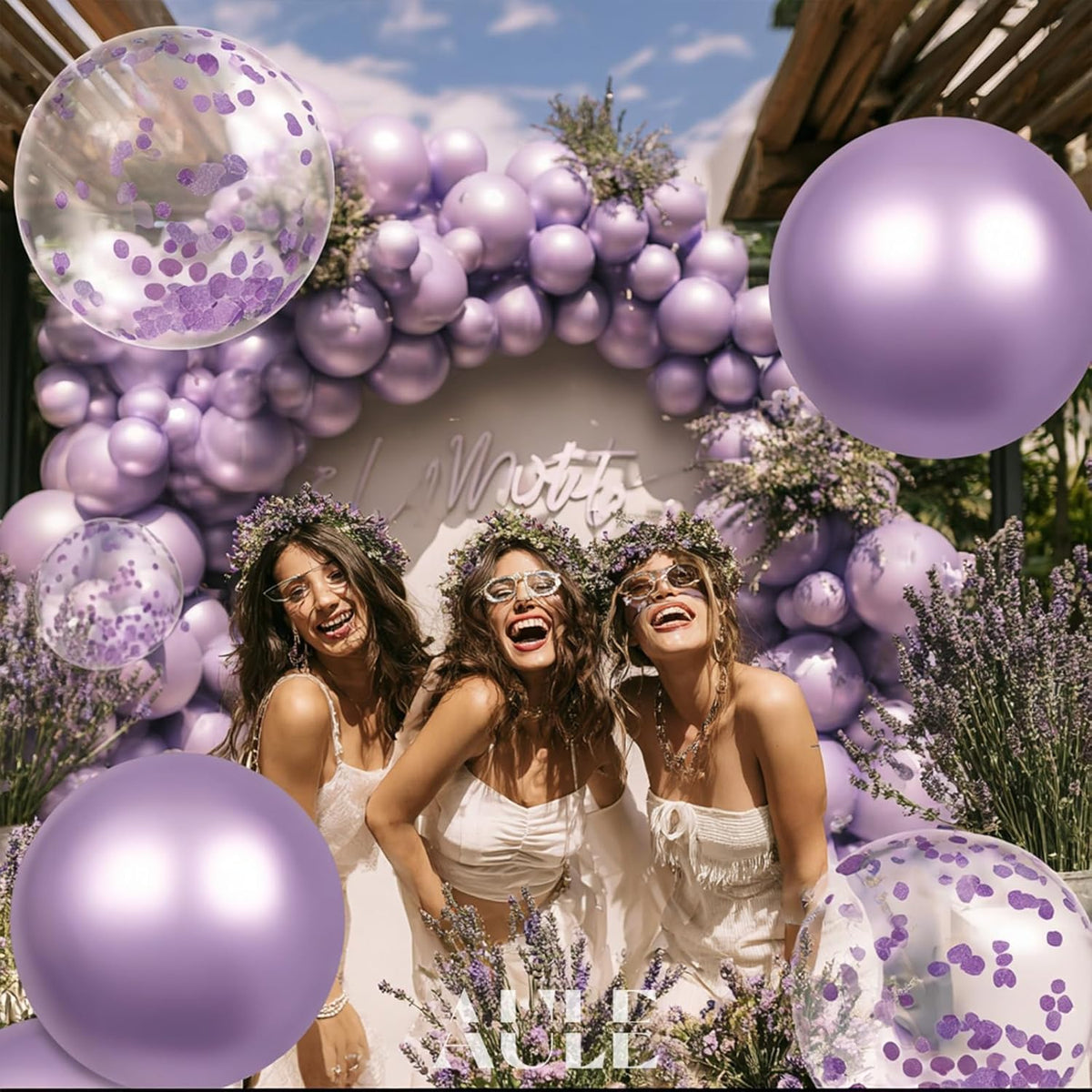 AULE Party Balloons Pack of 42 - Metallic Lavender Balloons and Confetti Latex Helium Balloons With