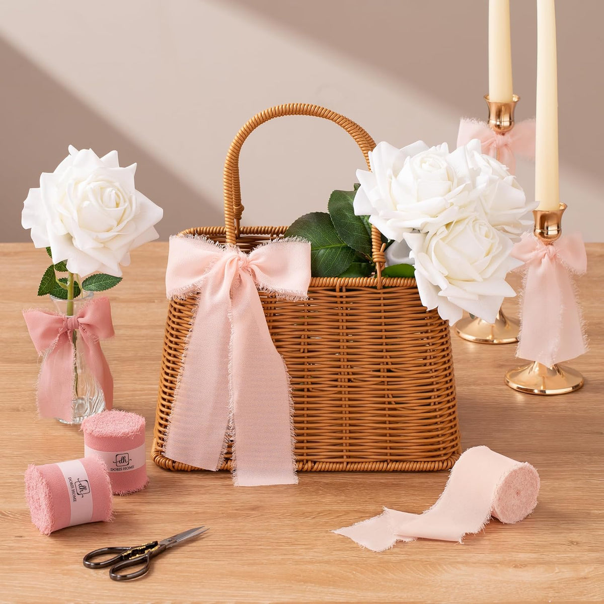 DORIS HOME 2" x21Yd Chiffon Ribbon for Flower Bouquet, Pink & Dusty Rose Fabric Ribbon for Gift