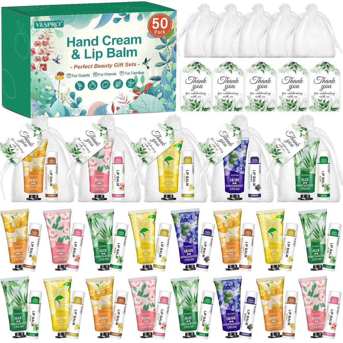 50 Sets Hand Cream Bulk and Lip Balm Bulk Gifts, Bridal Shower Favors, Bridesmaid Gifts and Baby