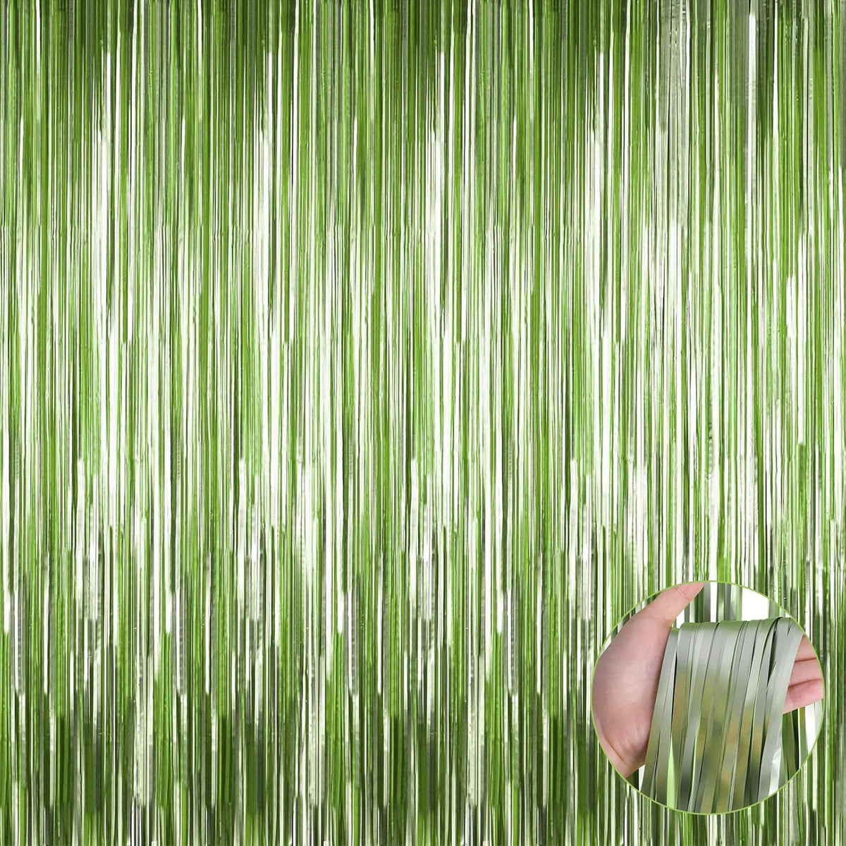 4 Pack Light Green Foil Fringe Curtain Backdrop, 3.28Ft x 9.84Ft Metallic Tinsel Streamers Curtains