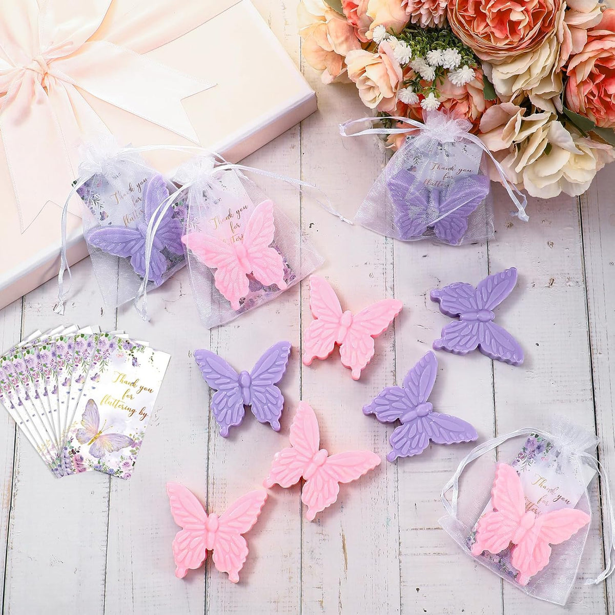 Dunzy 50 Set Butterfly Theme Baby Shower Favors for Guests Butterfly Soap Favors with Thanks You
