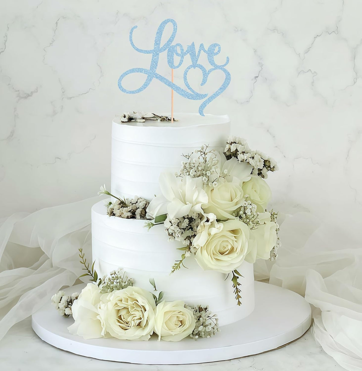 Love Cake Topper - Light Blue Glitter Paper Wedding Cake Decoration Supplies, Perfect for Bridal
