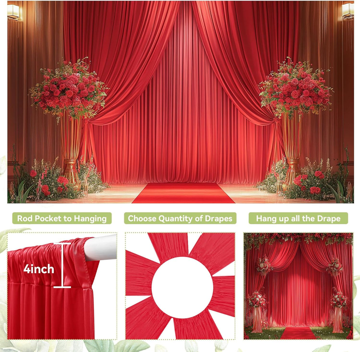 PartyVillage 10ft×15ft Red Backdrop Curtain for Wedding Parties, 2 Panels Wrinkle Free 15 FT Long