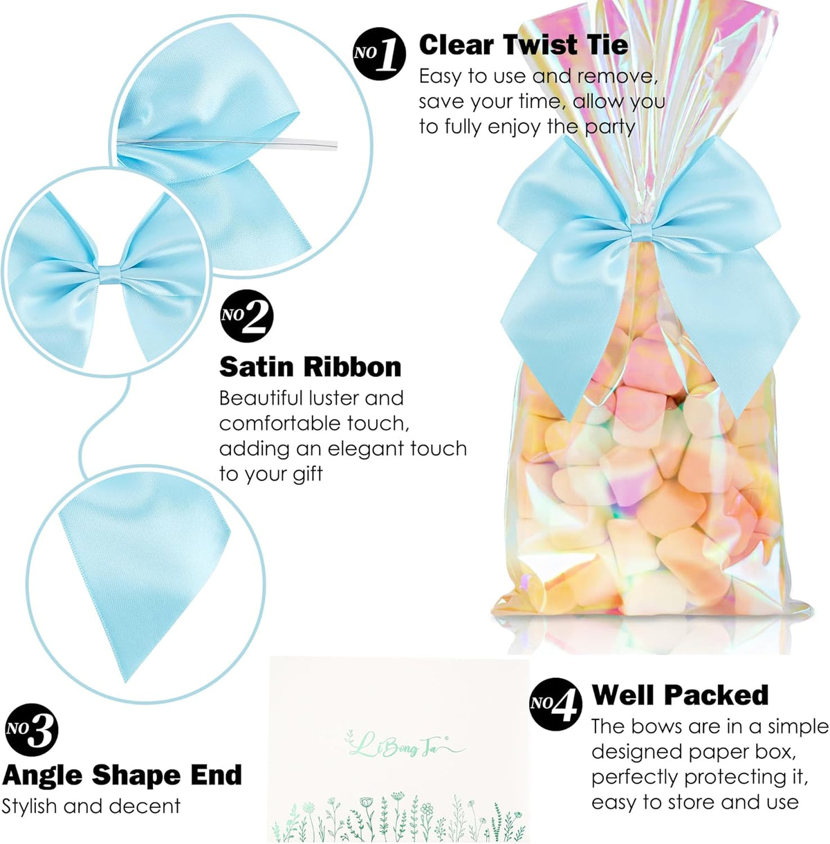 5'' Blue Bow Party Decorations Satin Bows, Twist Tie Bows for Treat Bags, Cake Pops, Pre-Tied Bow