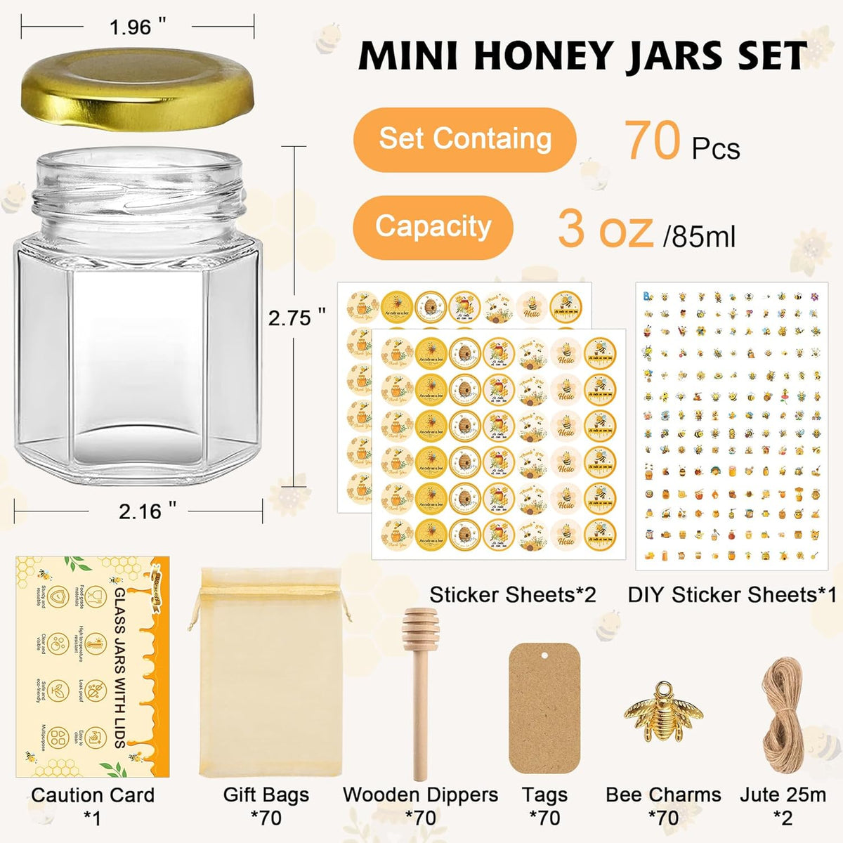 70 Pack 3 oz Mini Hexagon Glass Honey Jars with Dippers, Gold Lids, Bee Stickers, Bee Charms, Gift
