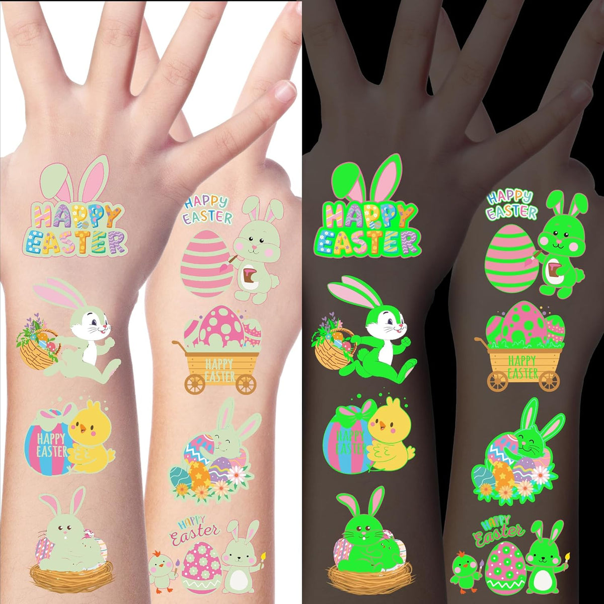 150 PCS Luminous Easter Tattoos for Kids, 25 Styles Glow Easter Stickers for Easter Basket