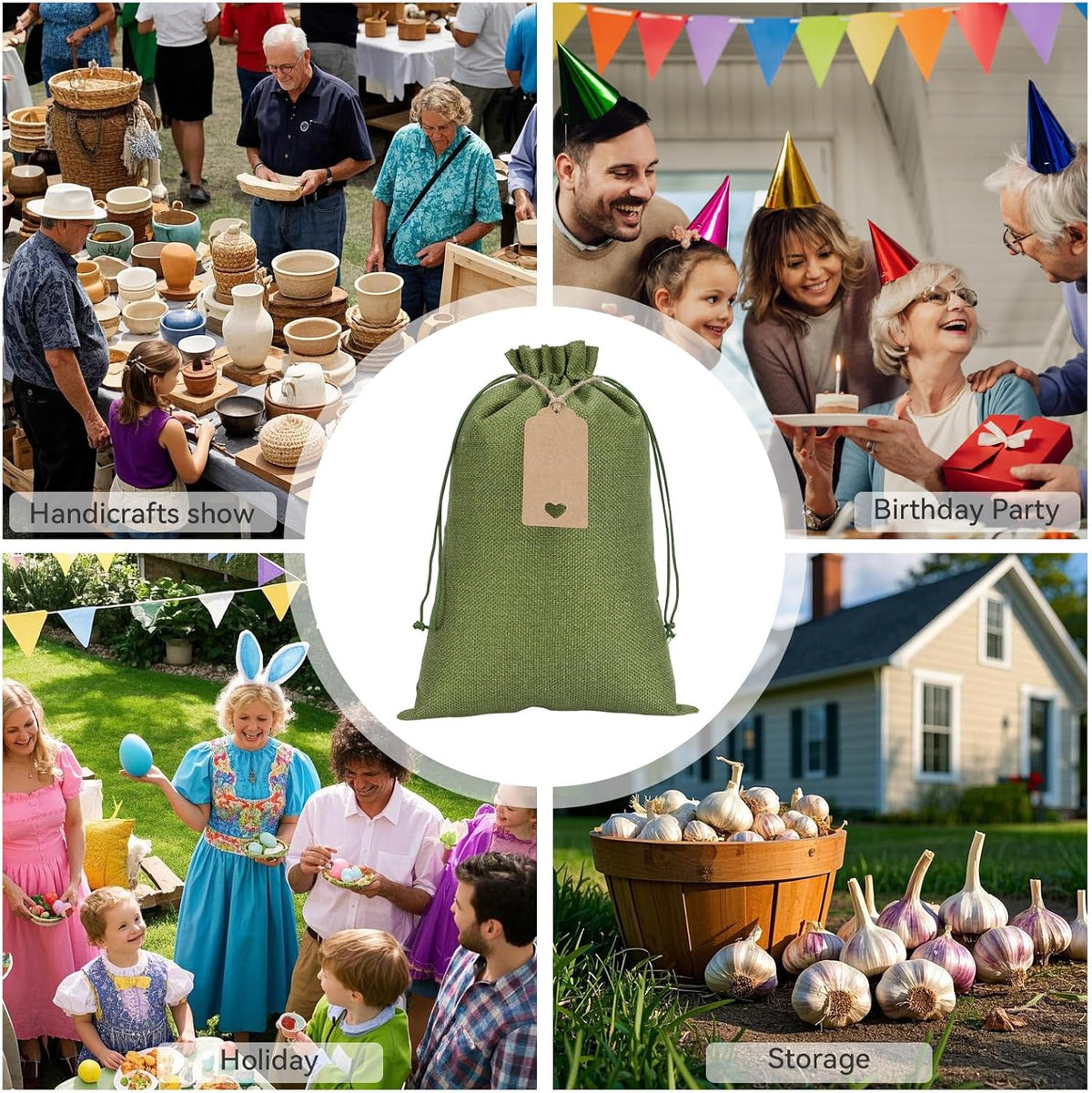 Tapleap Burlap Bags with Drawstring - 10Pcs 8x12 Green Gift Sacks for Wrapping Halloween Favors