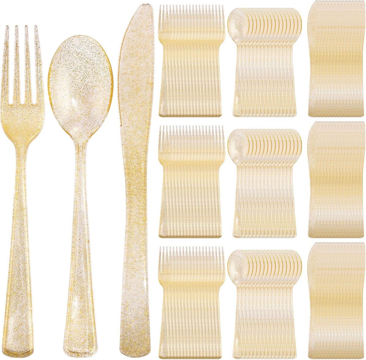 Supernal 300pcs Gold Glitter Plastic Cutlery Disposable Utensils Gold Plastic Silverware Sets