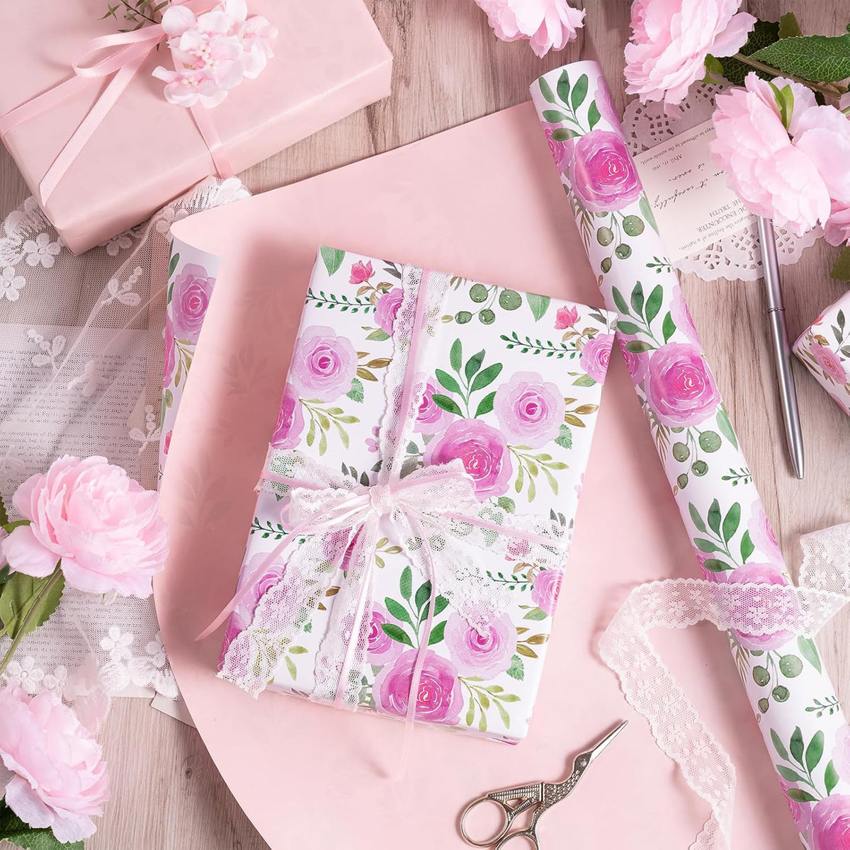 RUSPEPA Reversible Floral Wrapping Paper Roll, Mini Roll, Pink Rose Blossom Design and Pink Solid