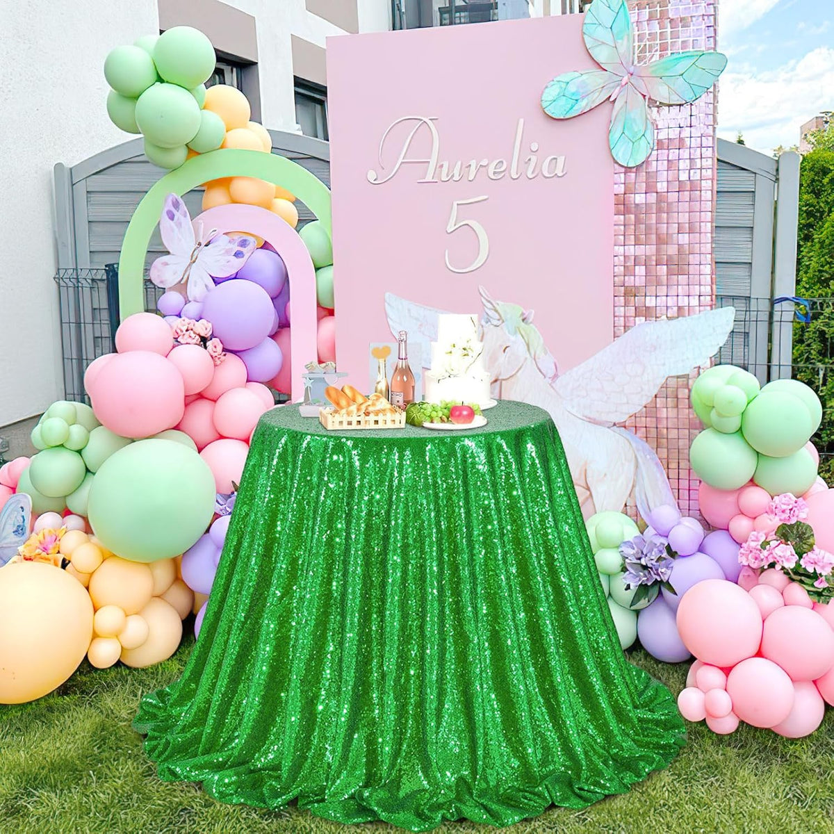 QueenDream 60x102 Inches Green Table Clothes for Parties Birthday Wedding Sequin Tablecloth Cake