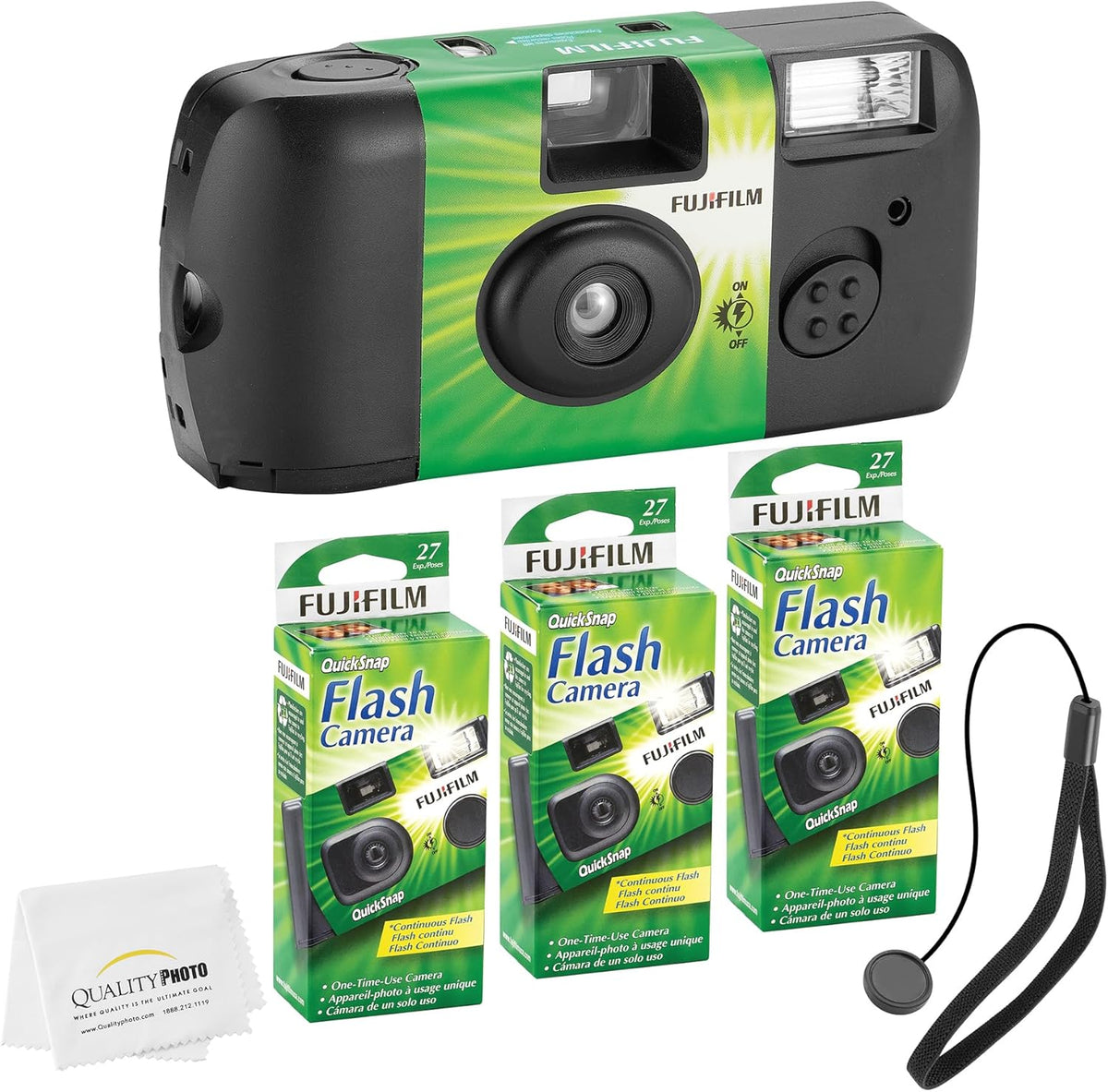 Fujifilm QuickSnap Flash 400 Disposable 35mm Camera + Hand Strap + Quality Photo Microfiber Cloth