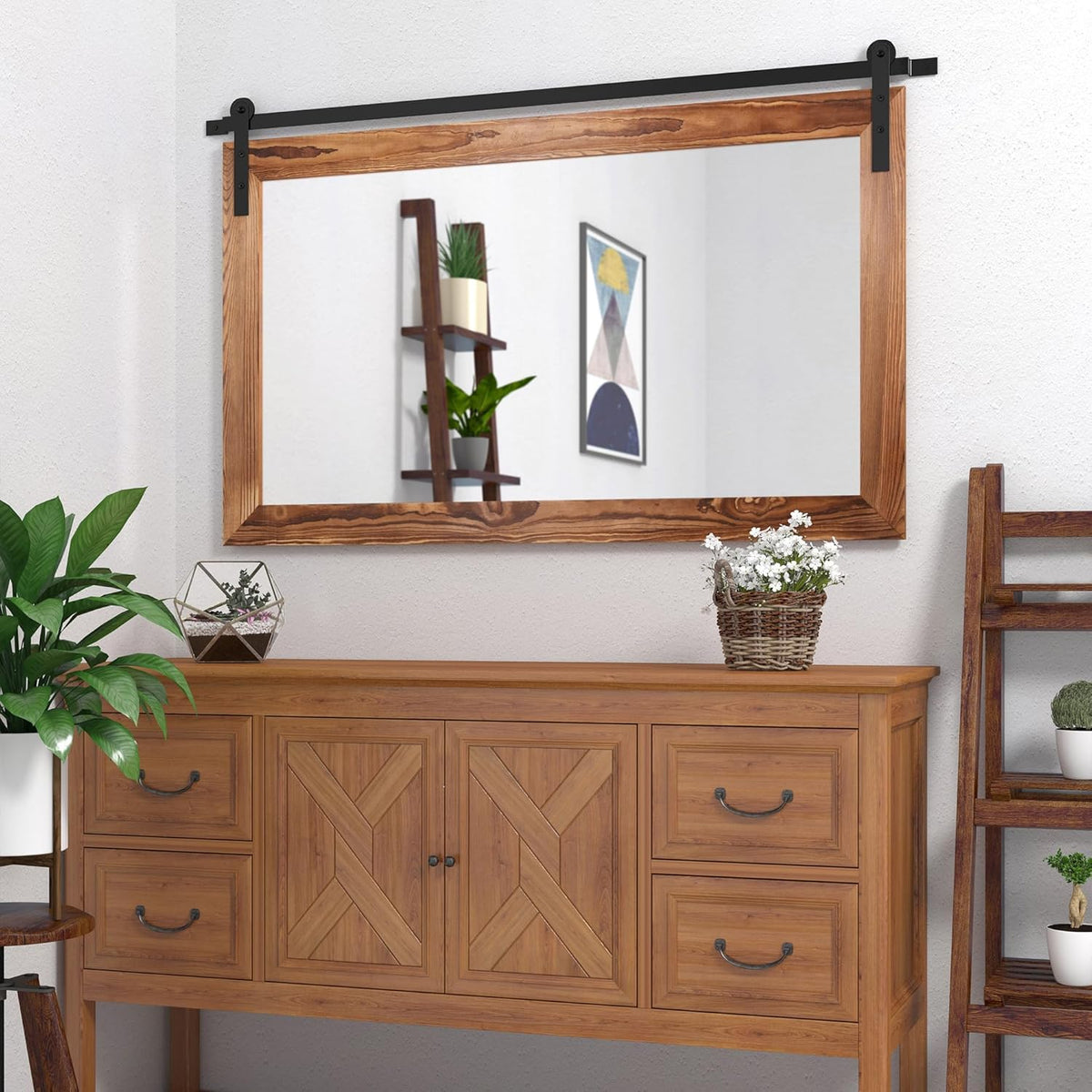 COGOOD Farmhouse Barn Door Mirror - 41" x 26" Rustic Wood Framed Wall Mirror for Bathroom, Living
