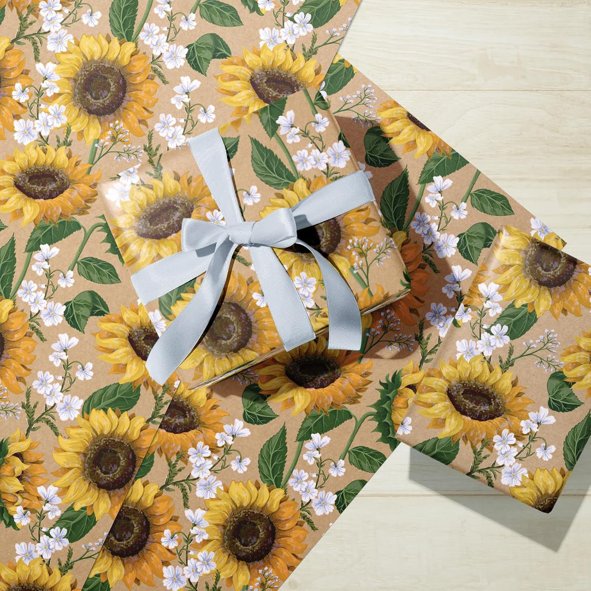 WRAPAHOLIC Kraft Floral Wrapping Paper Roll - Mini Roll - 17 Inch x 33 Feet - Sunflower Design