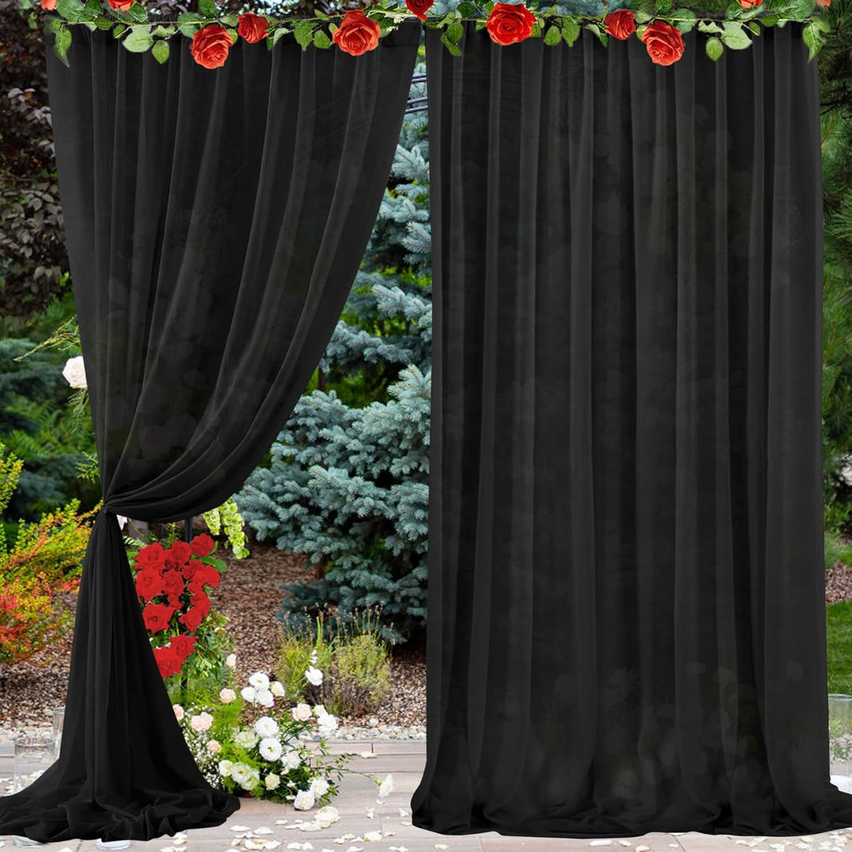 PARTISKY 10ftx10ft Black Chiffon Sheer Backdrop Curtains, Wrinkle-Free Wedding Backdrop Drapes for