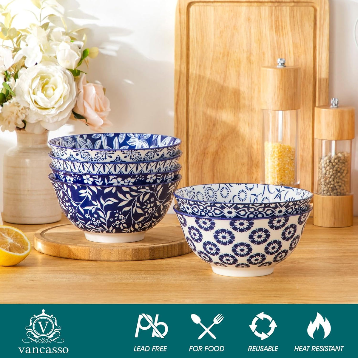 vancasso SELENE 24 oz Cereal Bowls set of 6, Ceramic Soup Bowls for Kitchen, Dishwasher & Microwave