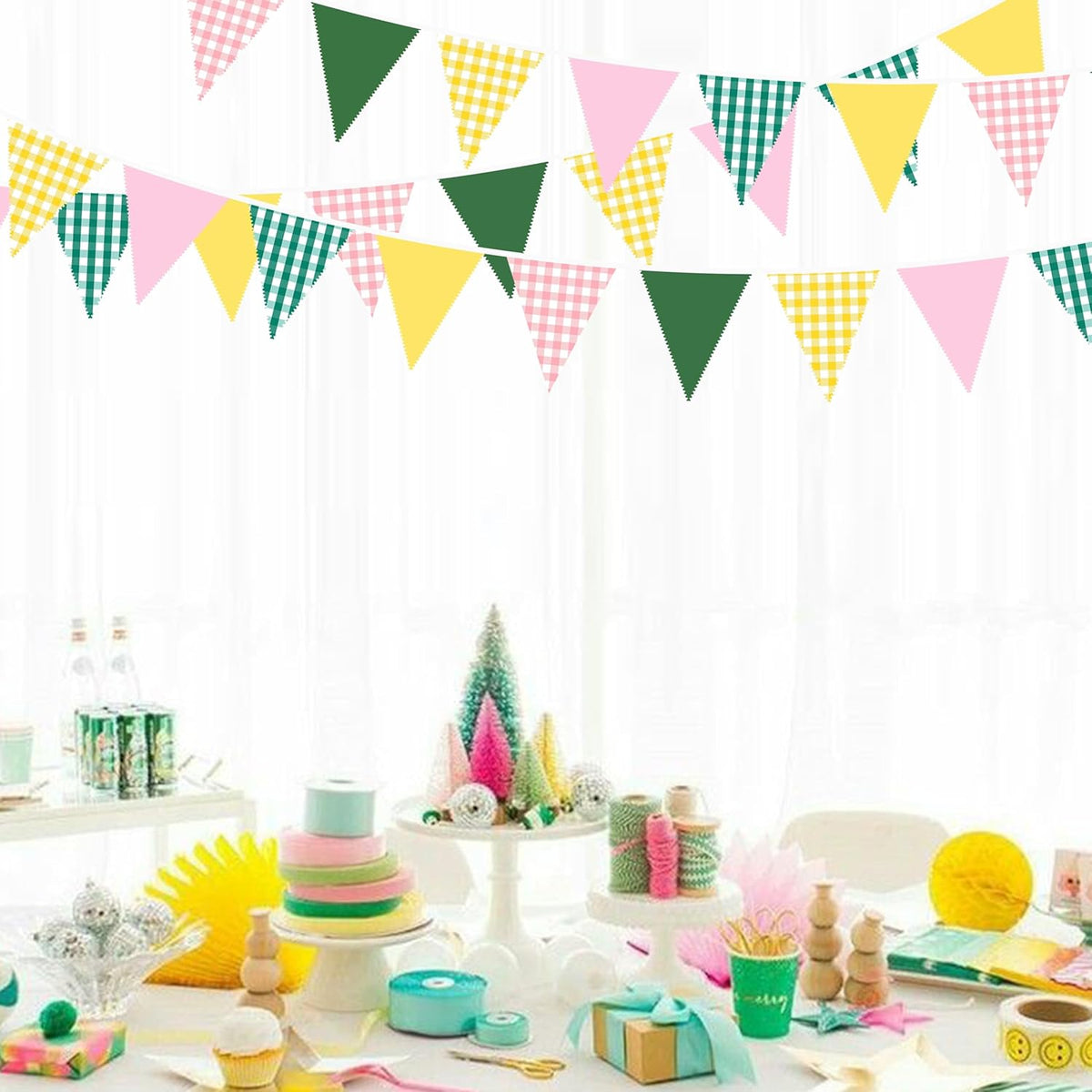 32Ft Camp Bride Party Decorations Pink Green Yellow Gingham Fabric Triangle Banner Flag Plaid