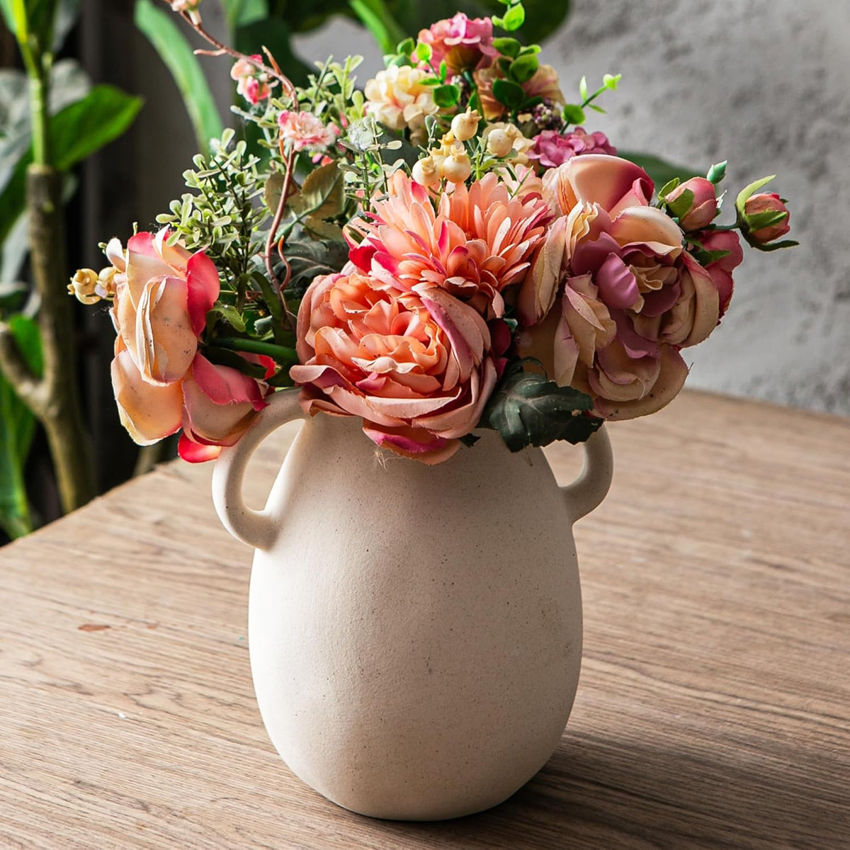 Kimdio White Ceramic Vase with 2 Handles – Sand-Glazed Clay Pottery Vase for Dried Flowers, Rustic