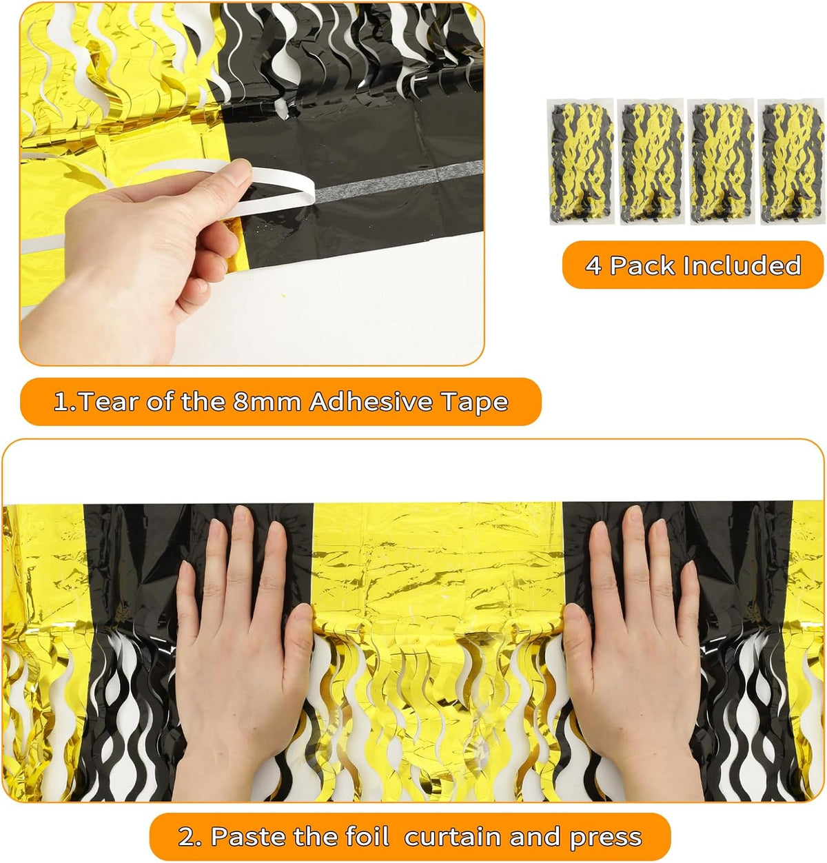 4 Pack Black and Gold Wavy Foil Fringe Curtains Pirthday Decorations,3.3 ft x 6.6 ft Metallic Foil