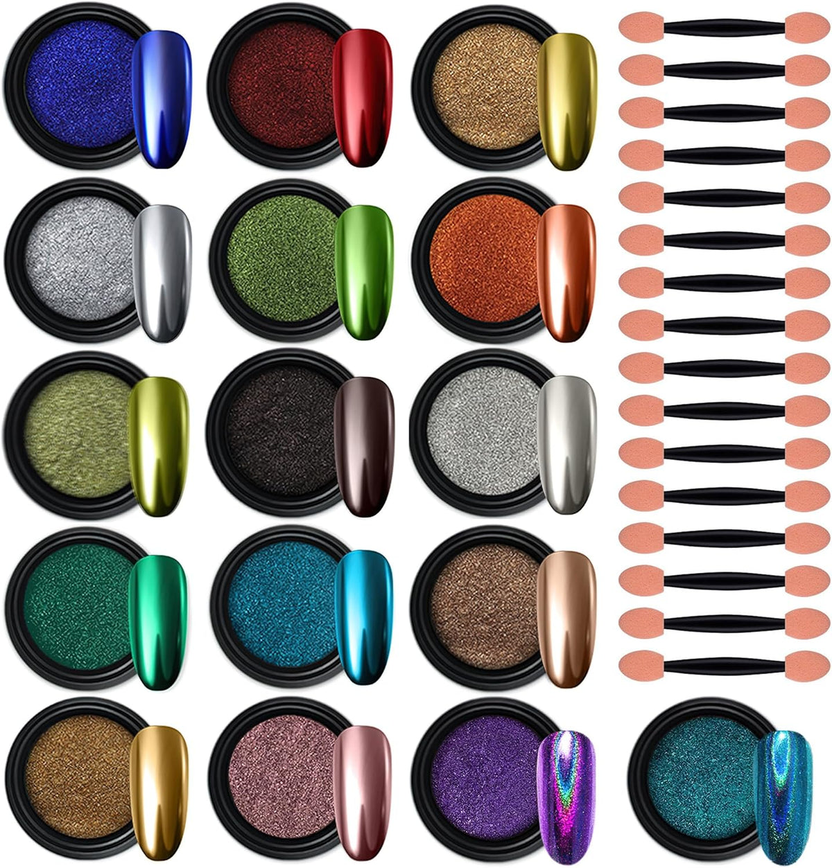 Artdone 16 Colors Chrome Nail Powder, Iridescent Aurora Powder Metallic Mirror Effect Pigment