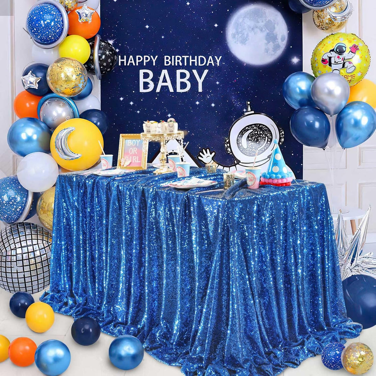 QueenDream Rectangle Wedding Tablecloth Royal Blue- 90x132 Inch Sequin Fabric Table Cloths