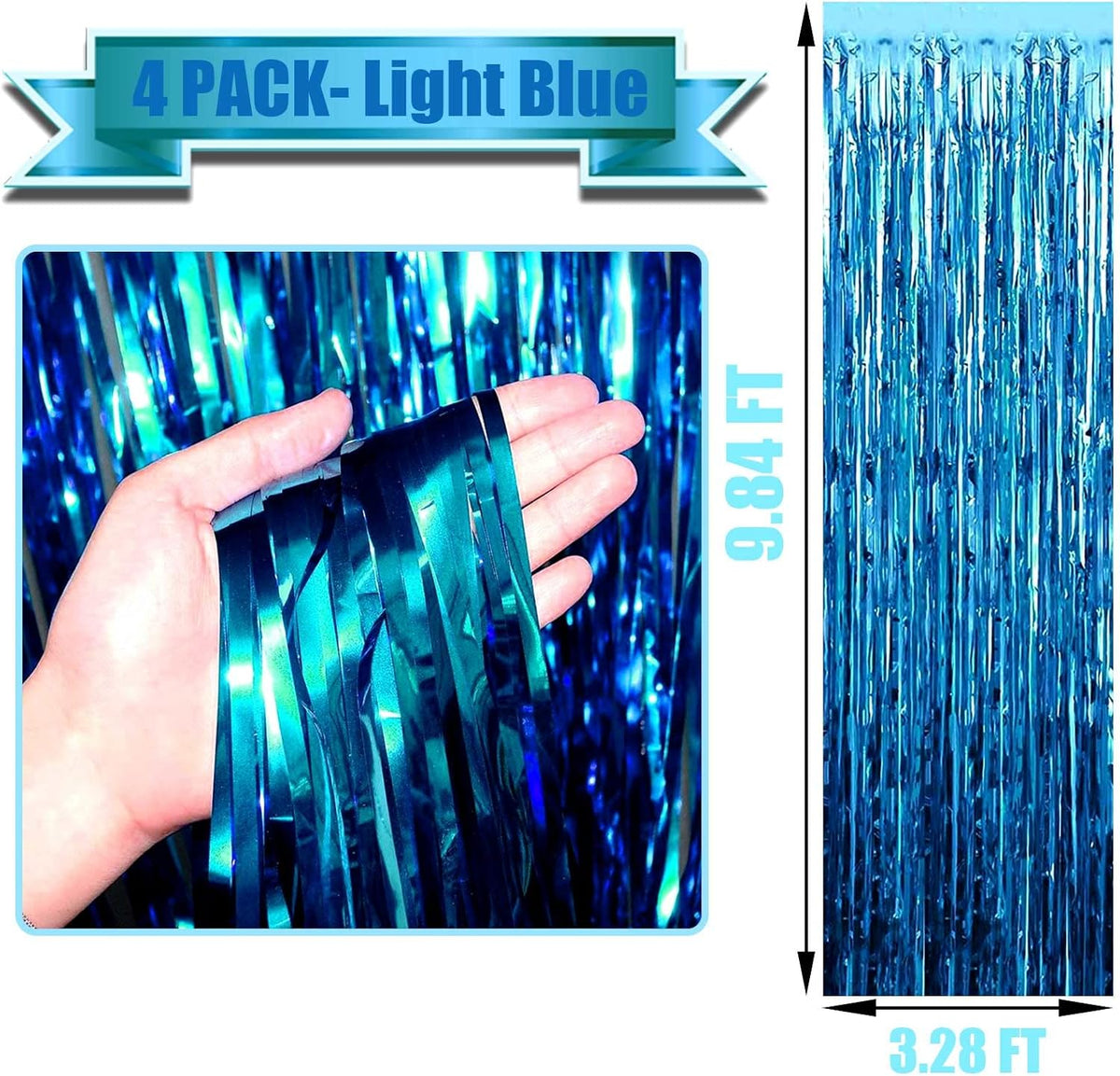 4 Pack Lake Blue Foil Fringe Curtain Backdrop, 3.3Ft x 9.8Ft Metallic Tinsel Foil Fringe Streamers