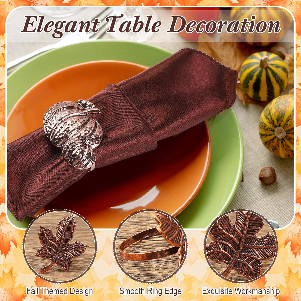 Remerry 8 Pcs Thanksgiving Napkin Ring Harvest Fall Leaf Pumpkin Holders Retro Alloy Metal Napkin