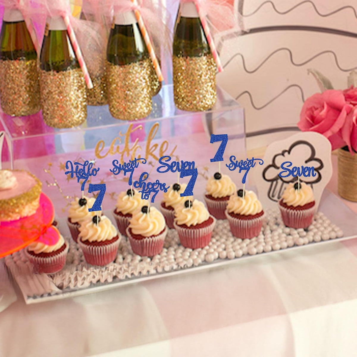 30Pcs 7th Birthday Cupcake Toppers Glitter Seven Happy 7 Cupcake Picks Cheers to 7 Years Old Cake
