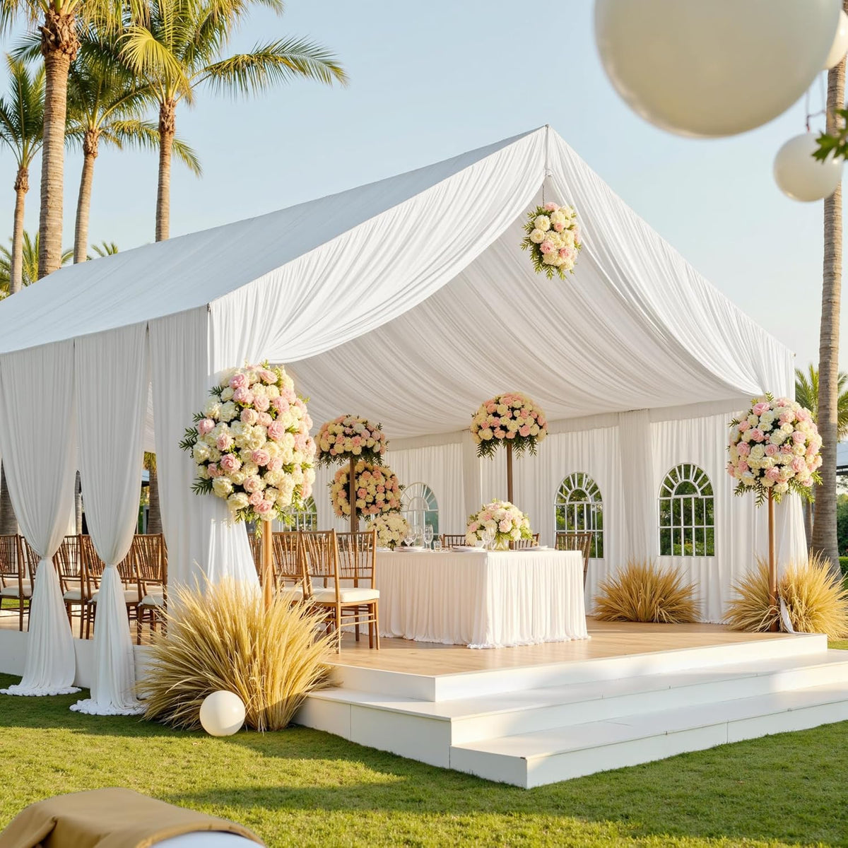 PartyVillage 10ftx40ft White Ceiling Curtain for Wedding Parties – 2 Panels Wrinkle-Free 40 FT Long