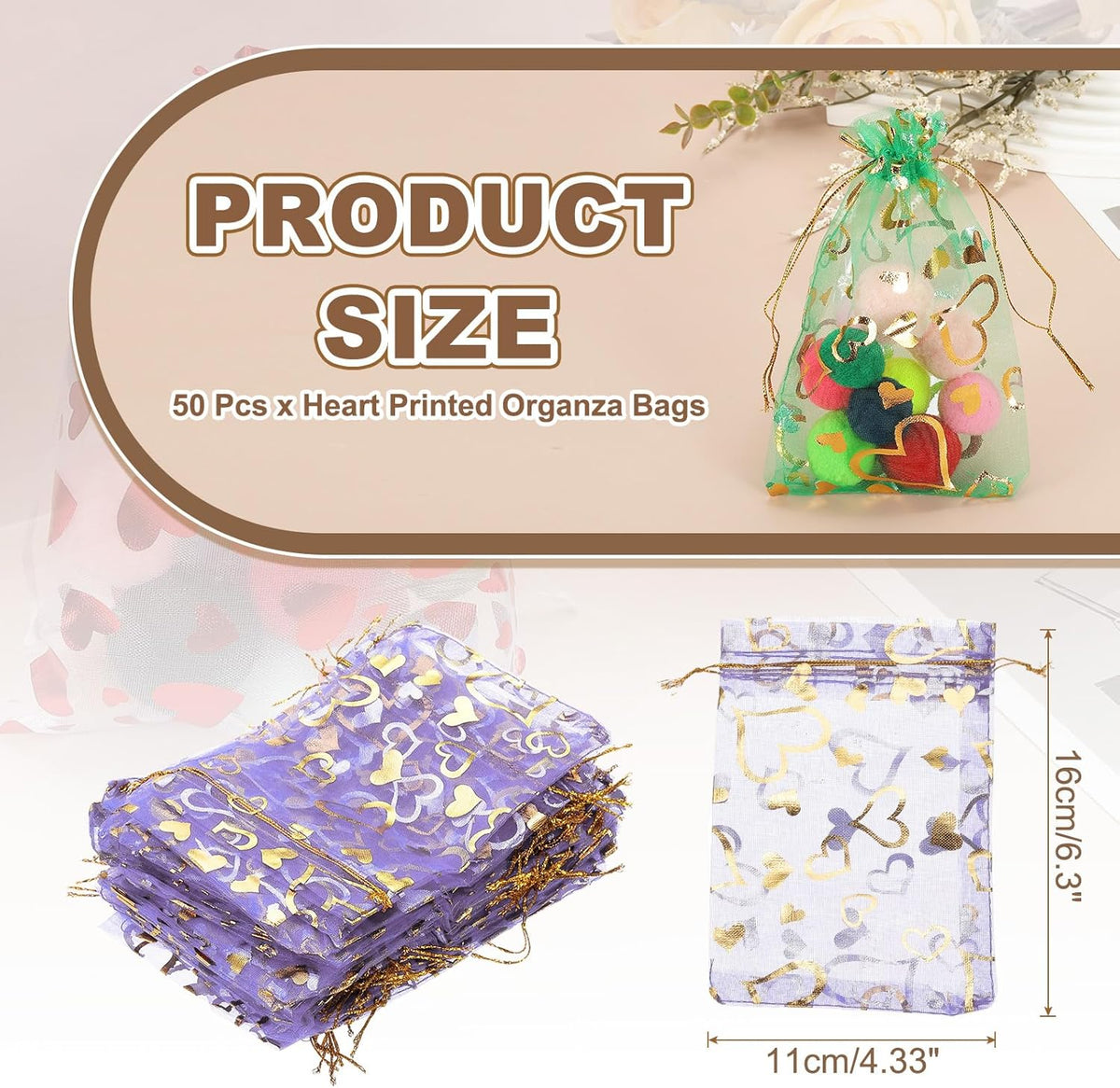 PATIKIL 50 Pcs 4x6 Inch Heart Printed Organza Bags, Purple Sheer Heart Organza Bags with Drawstring