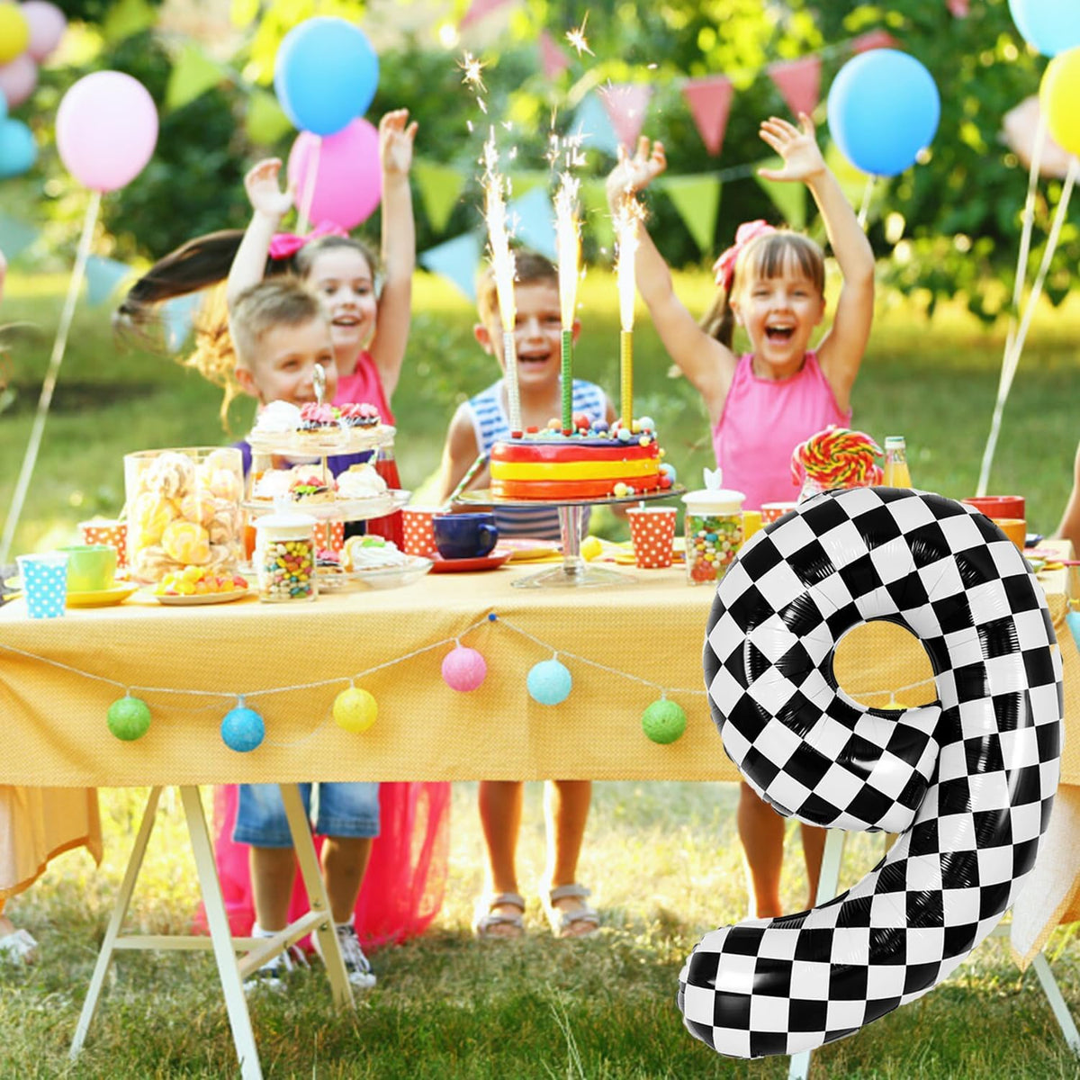 40 Inch Checkered Number Balloon - Race Flag Pattern Big Helium Balloon for Birthday Party