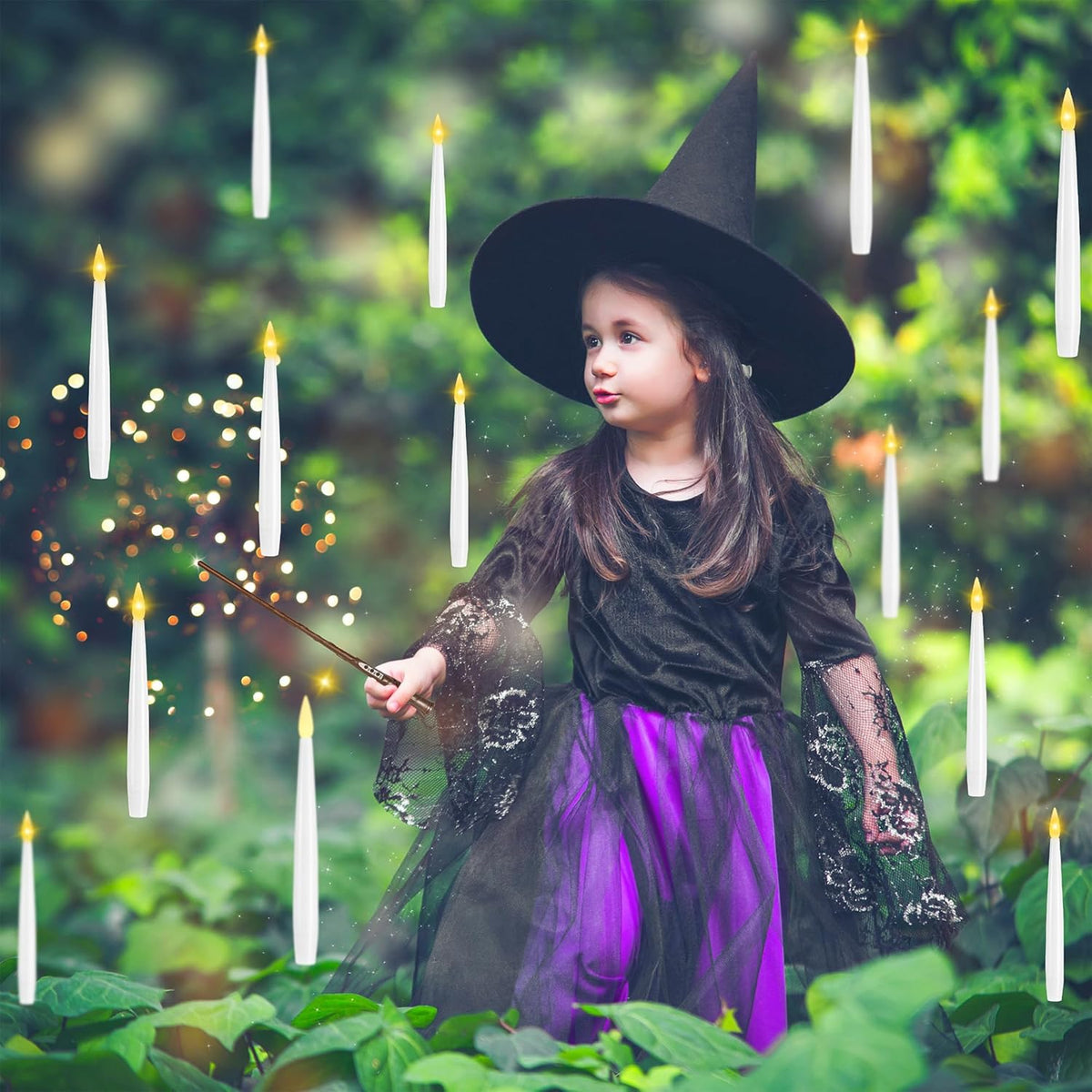 Floating Candles with Wand, 10 Pack Halloween Flameless Candles Battery Operated LED Taper Hanging