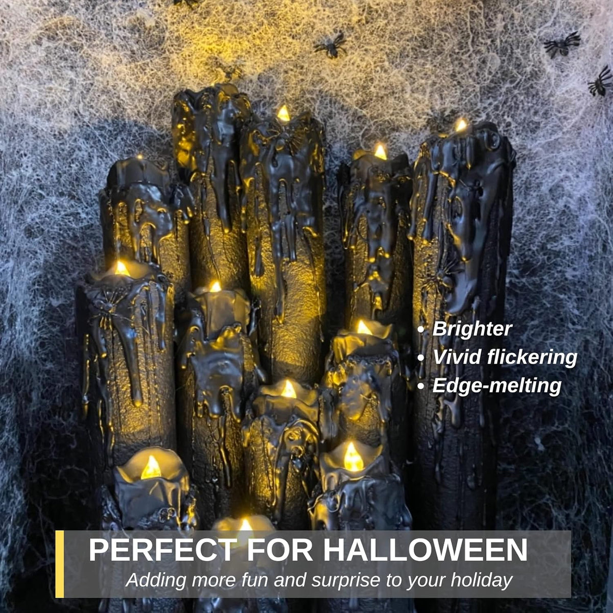 Homemory 24-Pack Halloween Black Dripping Flameless Tea Lights, Battery Operated Flickering LED