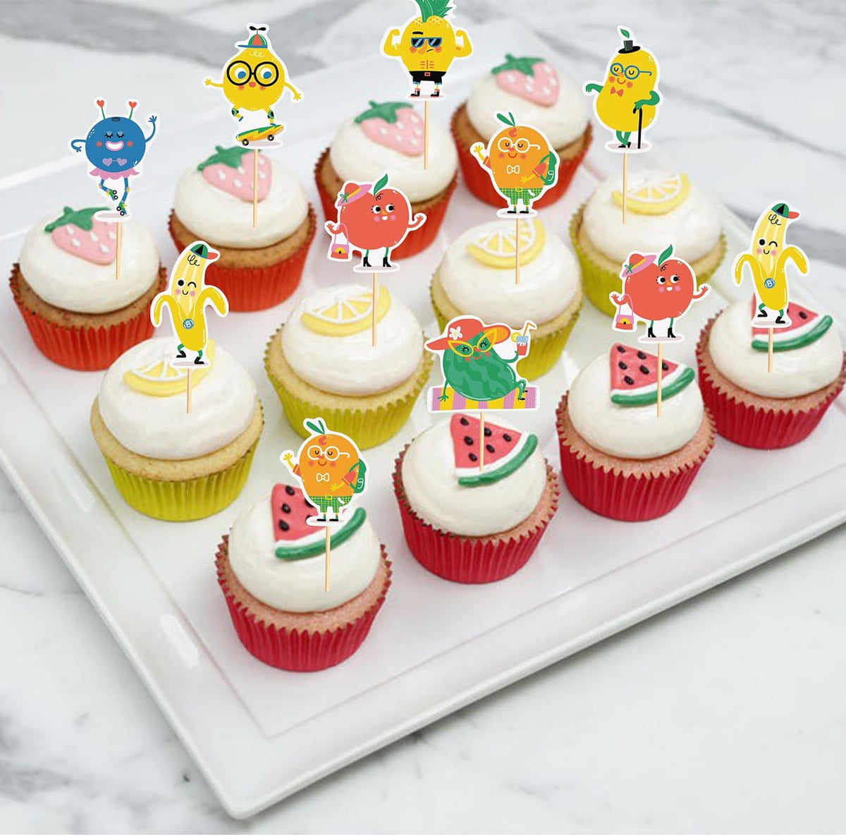 24pcs Fruit Cupcake Toppers Anthropomorphic Fruit Theme Kawaii Watermelon Apple Banana Lemon