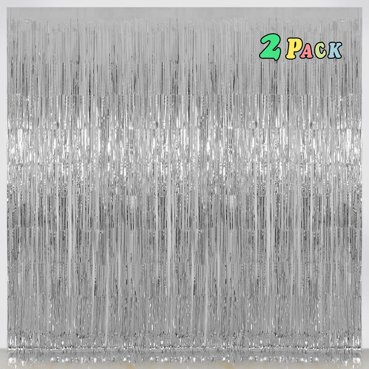 Silver Tinsel Fringe Backdrop Curtains for Parties, Melsan 3.2 x 8 ft Foil Streamer Disco Party