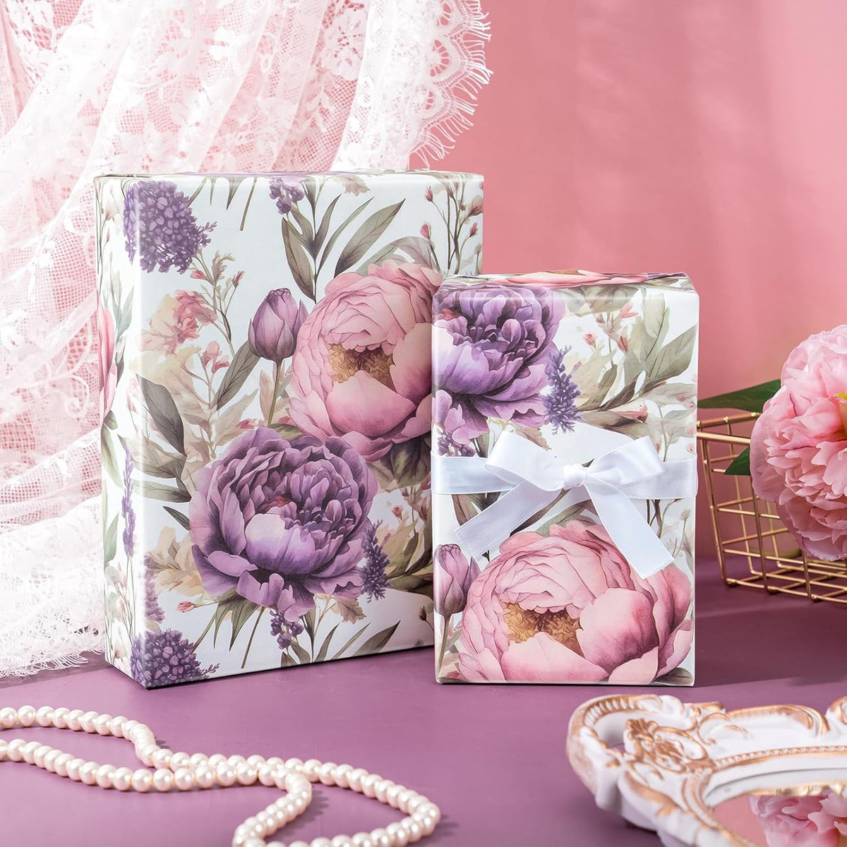WRAPAHOLIC Floral Wrapping Paper Roll - Mini Roll - 17 Inch x 33 Feet - Purple Flower Wrapping