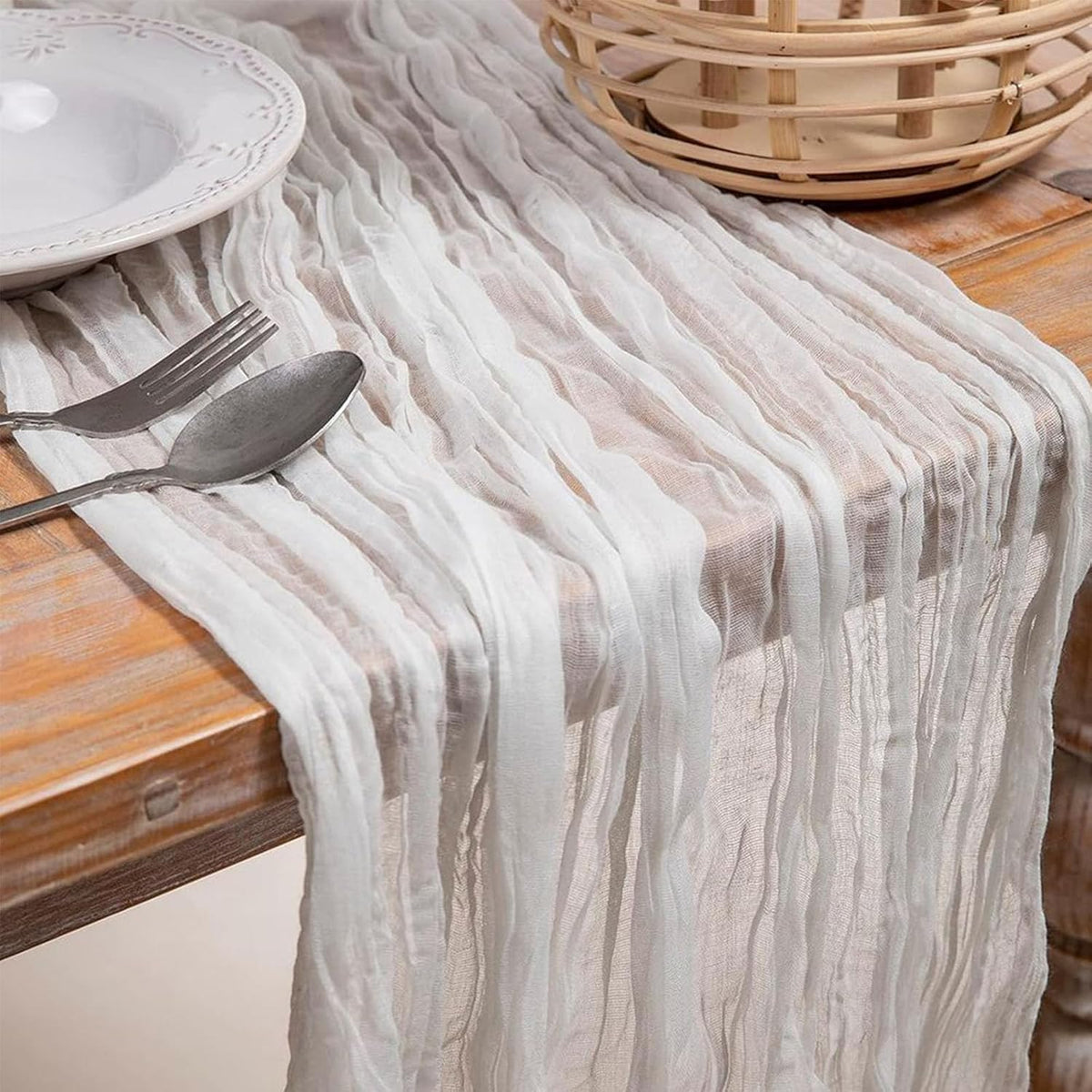 8 Pack 10Ft Cheesecloth Table Runner 35x120 inch White Boho Gauze Long Table Cloth Wrinkled Sheer