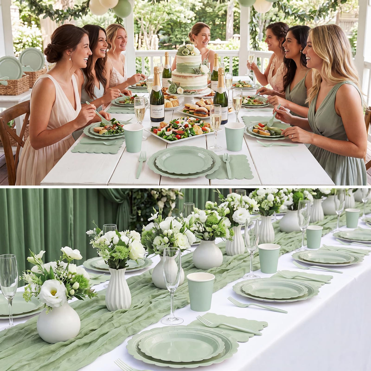 Xiangqu Party Plates and Cups and Napkins, 25 Set Sage Green Dinnerware