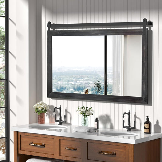 COGOOD Farmhouse Bathroom Mirror - 49 x 30 Rustic Wood Framed Wall Barn Door Mirror for Entryway